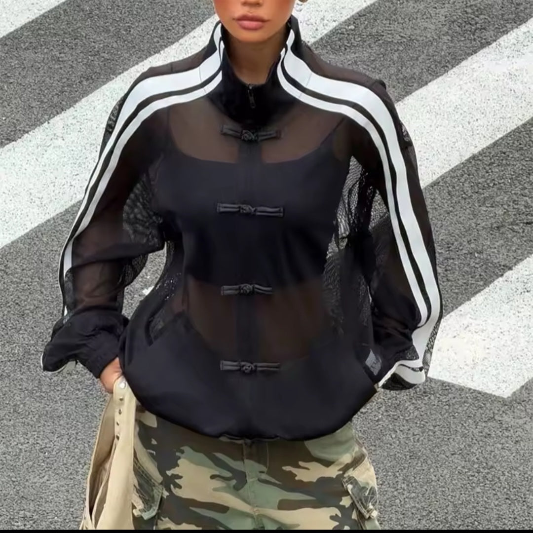 Y2K Sheer Mesh Frog Button Jacket – Stand Collar Side Stripe - GLITCH-BELLE