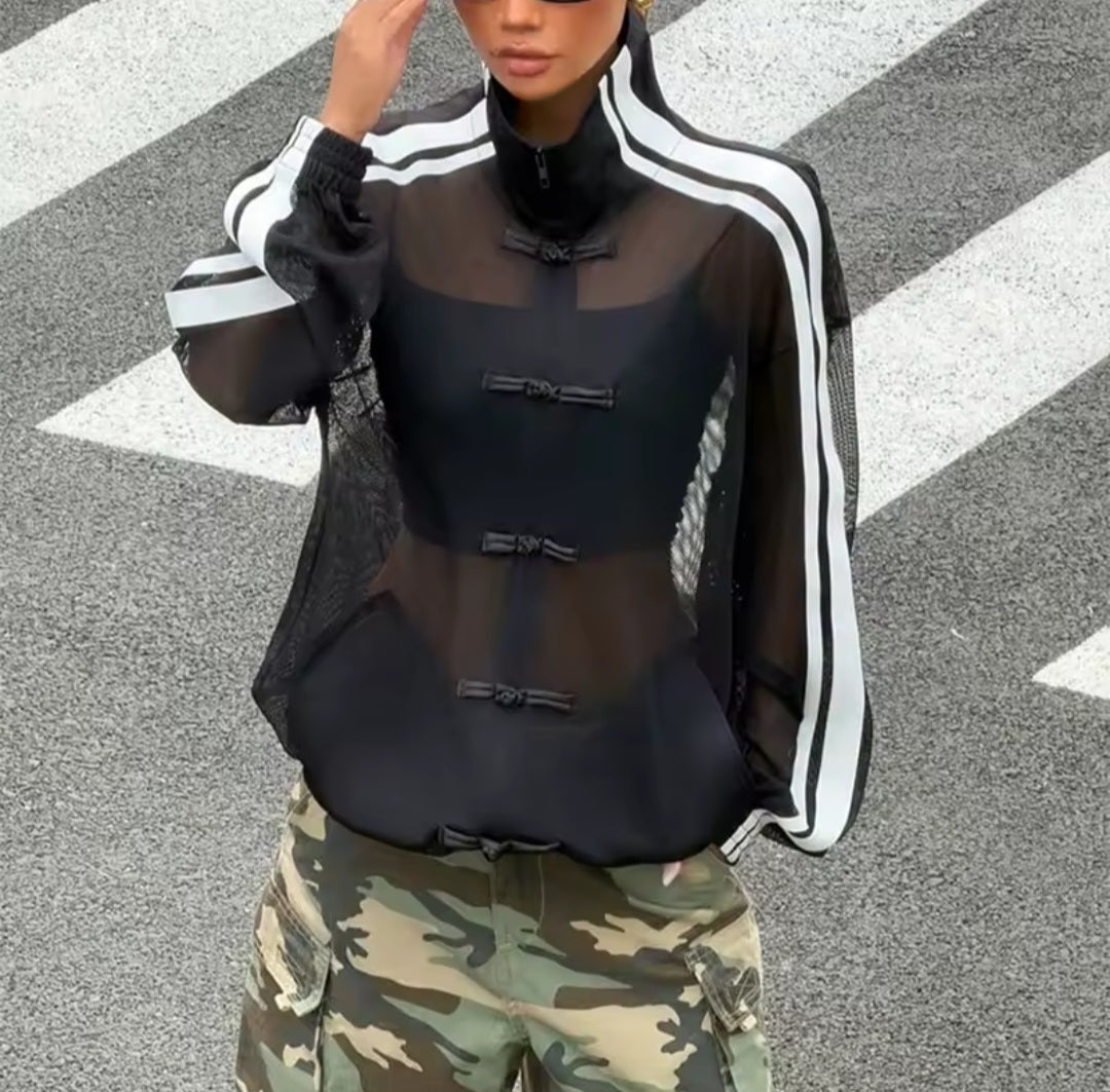 Y2K Sheer Mesh Frog Button Jacket – Stand Collar Side Stripe - GLITCH-BELLE