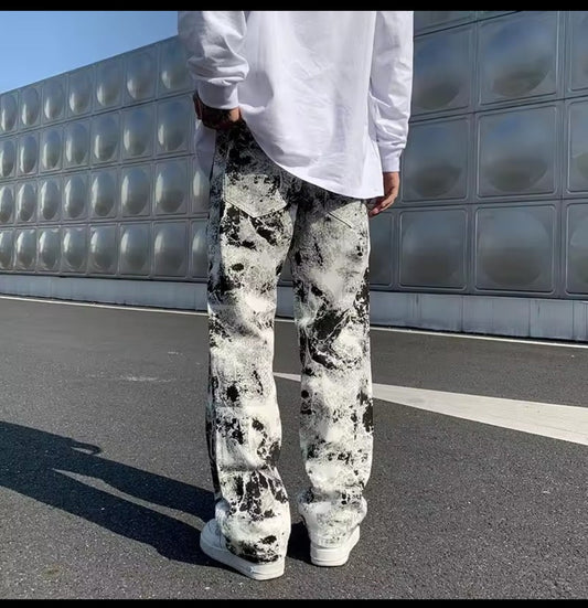 Y2K Tie Dye Wide Leg Denim Pants – High Waist Loose Straight Trousers - GLITCH - BELLE