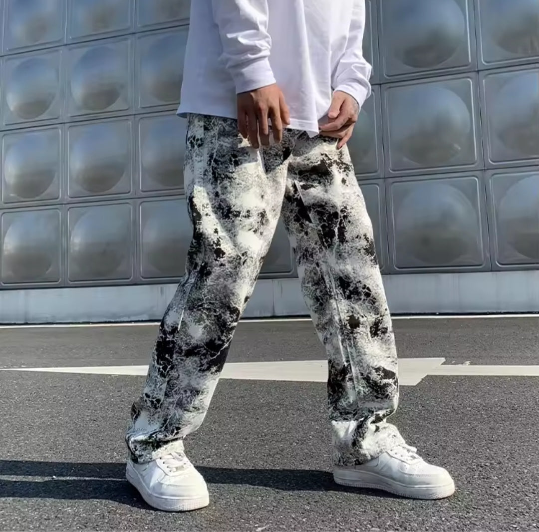 Y2K Tie Dye Wide Leg Denim Pants – High Waist Loose Straight Trousers - GLITCH - BELLE