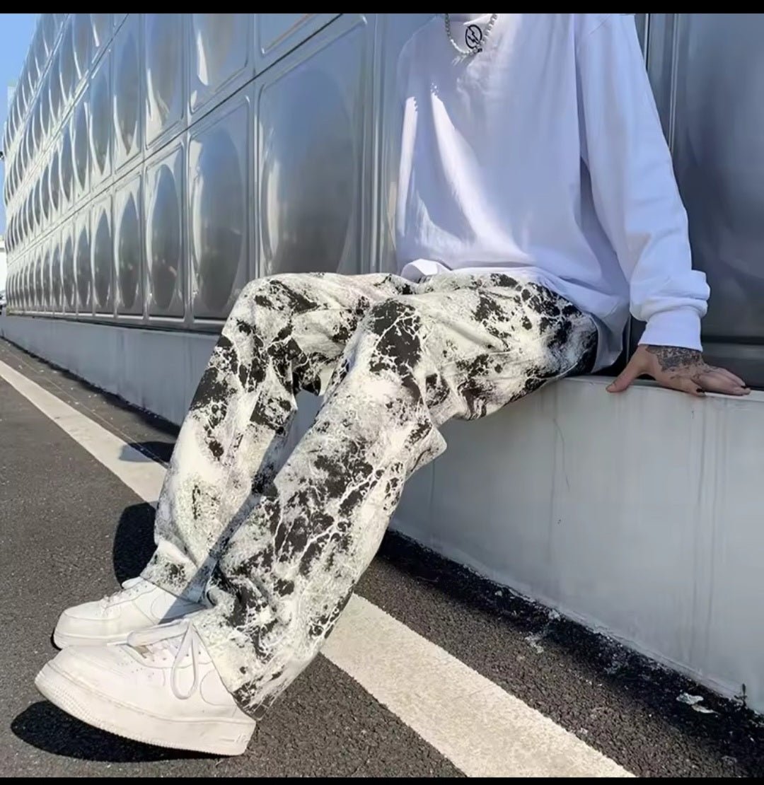 Y2K Tie Dye Wide Leg Denim Pants – High Waist Loose Straight Trousers - GLITCH - BELLE